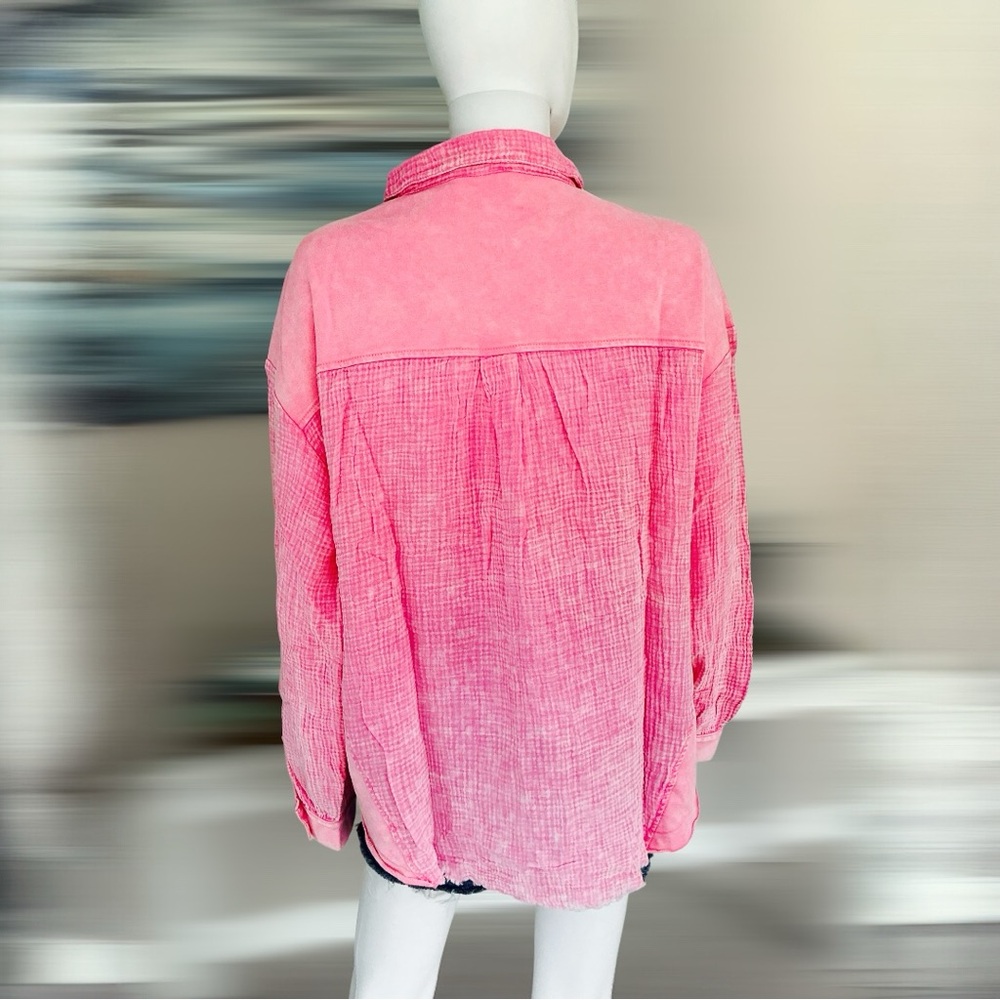 FANTASTIC FAWN oversized washed out pink button up top S M L - Picture 8 of 10